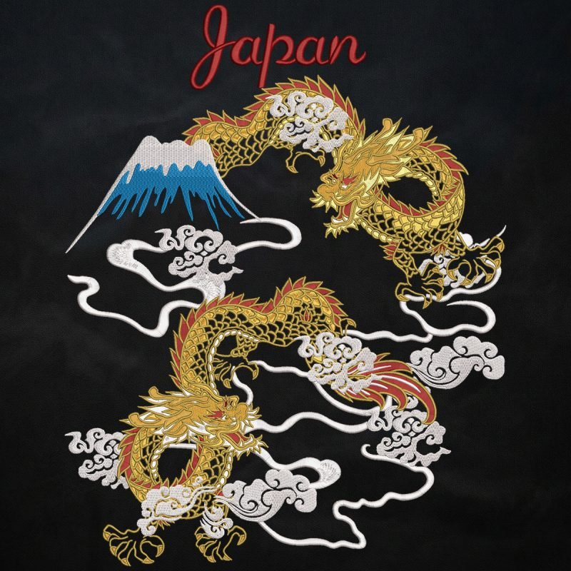 Imperial Golden Dragons & Mount Fuji Embroidery Design
