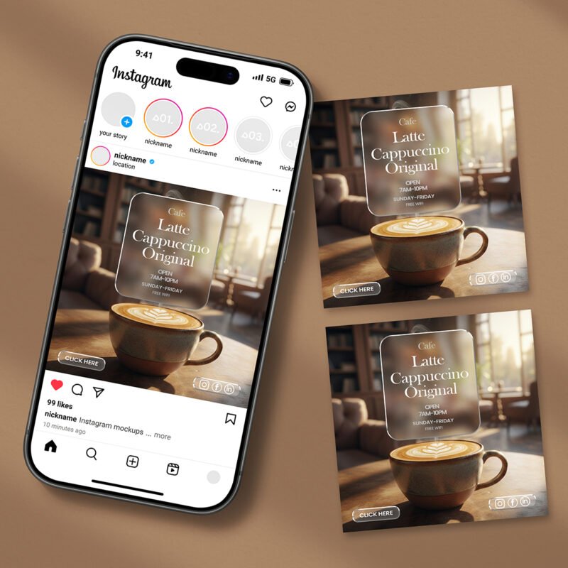 Modern Cafe Social Media Post Template with Glass Effect