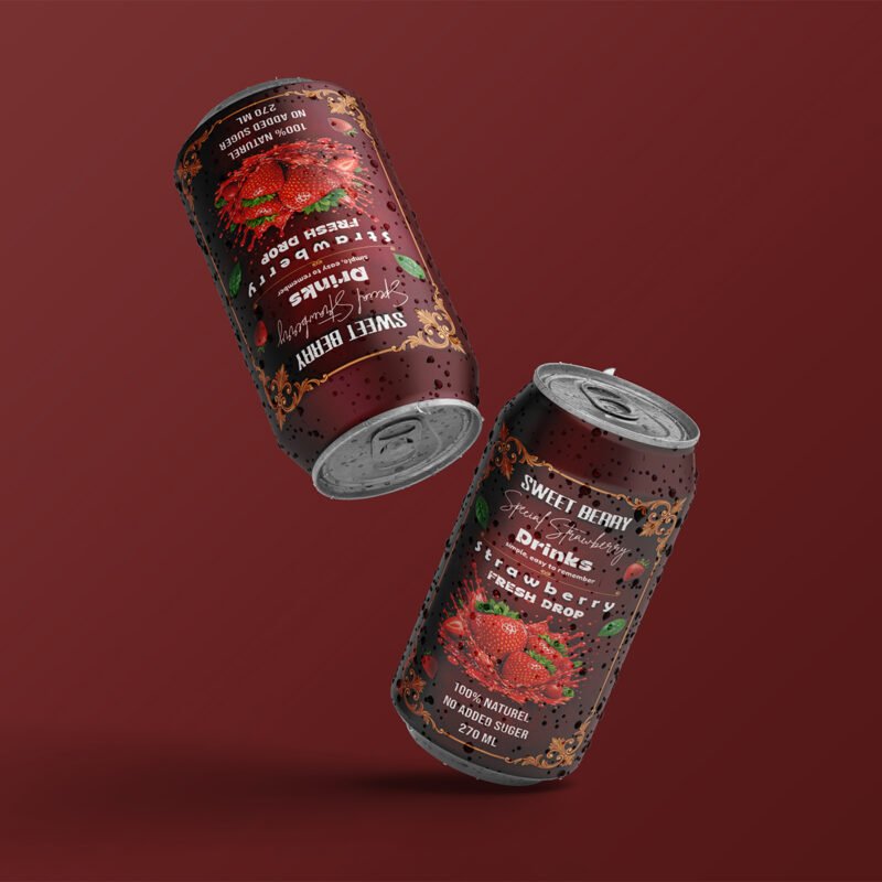 Premium “Sweet Berry” Strawberry Drink Can Label Design