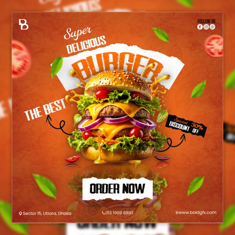 Super Delicious Burger Promotional Social Media Post Design