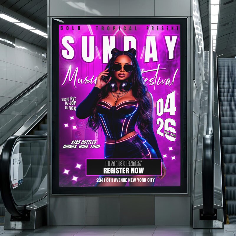 “Sunday Music Festival” Neon Pink Event Poster Design