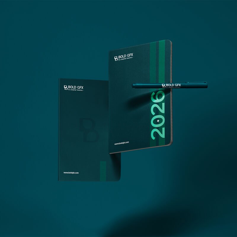 BOLD GFX Stationery Series – Professional Floating Notebook & Pen Brand Identity Asset
