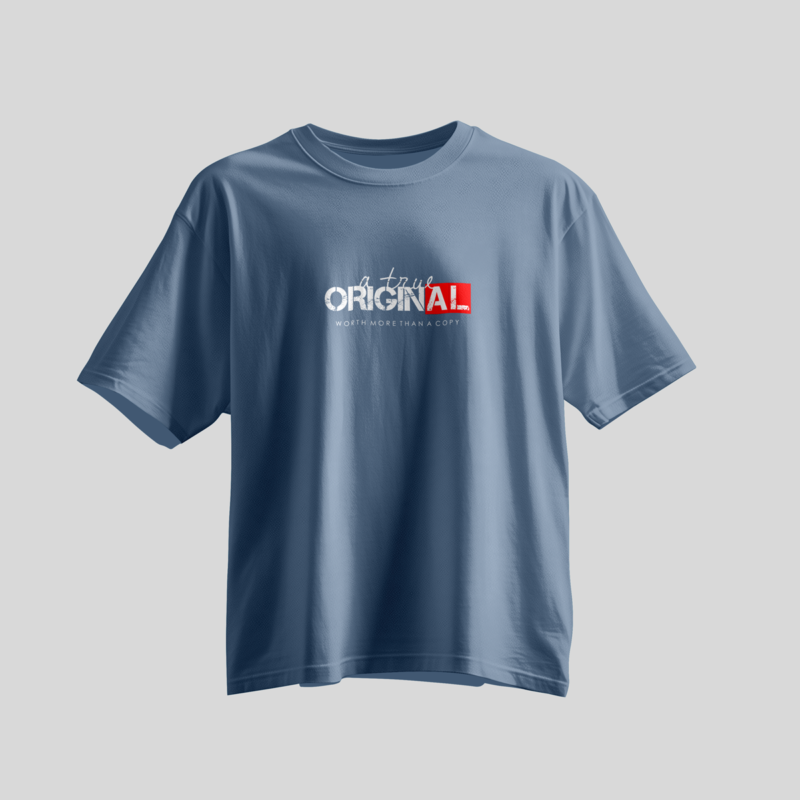 BOLD GFX Streetwear Series – High-Fidelity Steel Blue Tee with Worth More Than A Copy Tagline