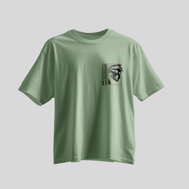 BOLD GFX Streetwear Series – Sage Green Oversized Tee with Distressed Portrait Art