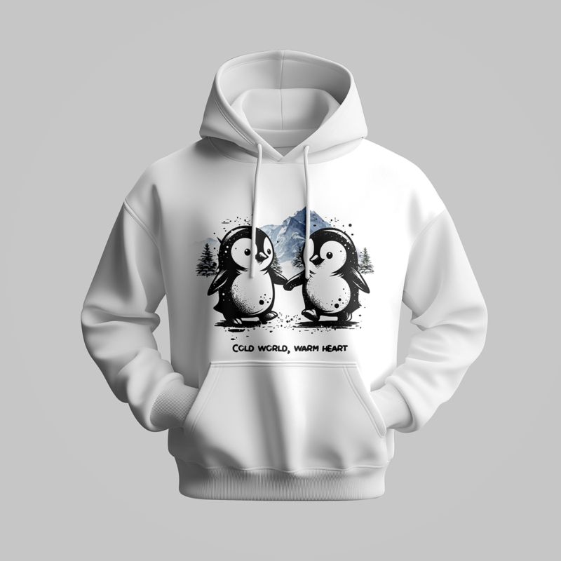 “Cold World, Warm Heart” Cute Penguin Couple White Hoodie
