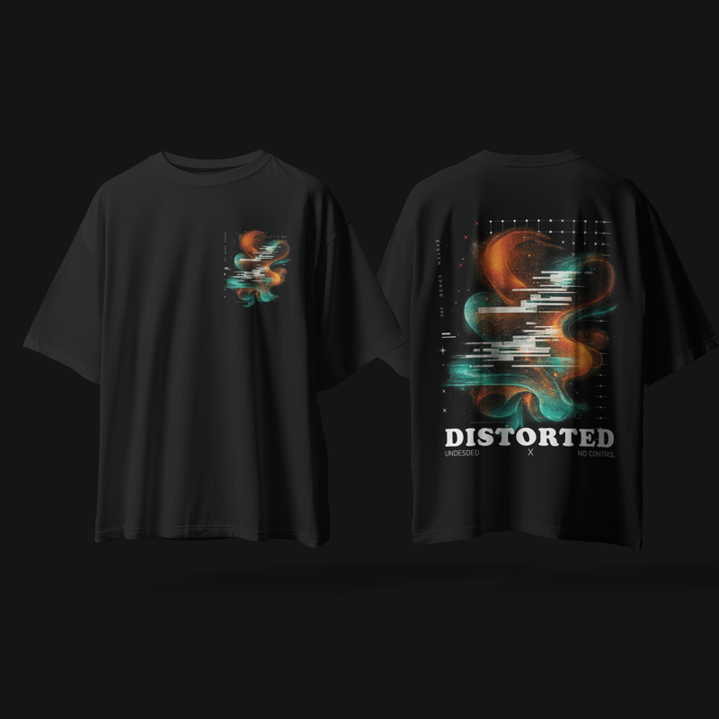 DISTORTED Cyber Glitch Nebula Black T-Shirt – Dual Print