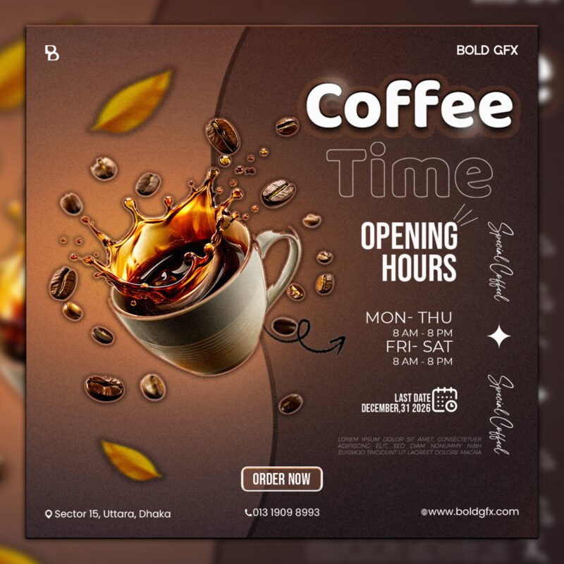 High-Impact Coffee Time Promo – Opening Hours & Special Offer Social Post