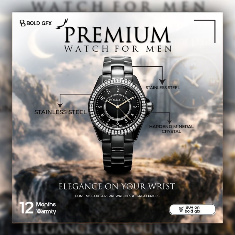 “PREMIUM WATCH FOR MEN” Elegant Social Media Promotional Graphic