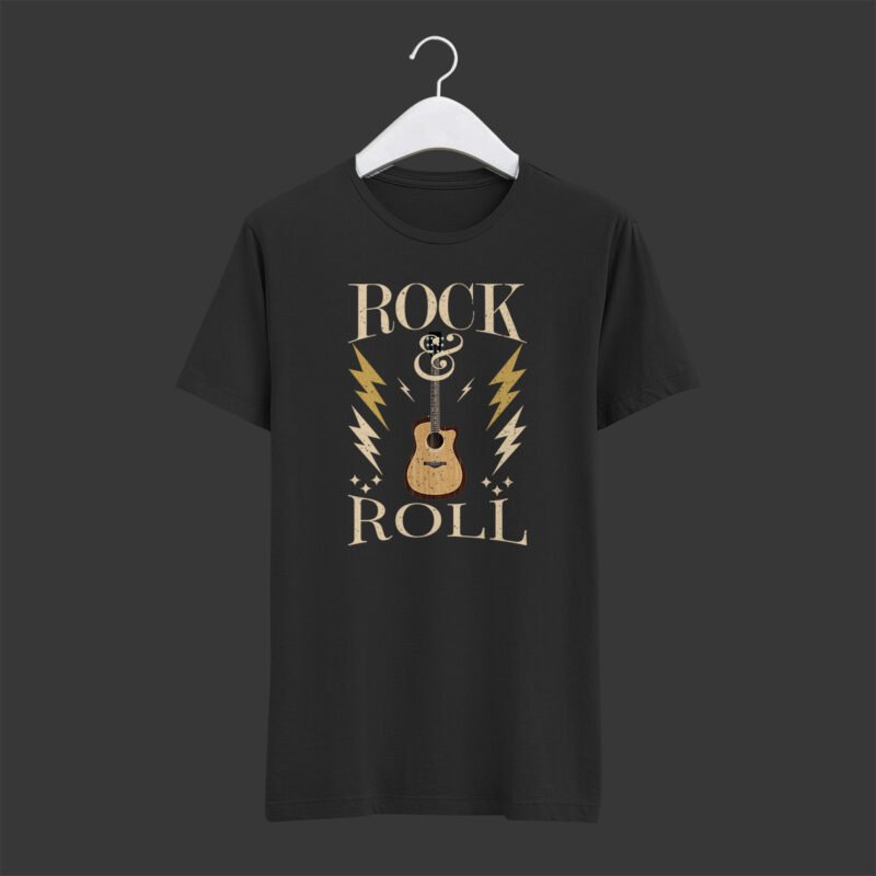 Rock & Roll Vintage Acoustic Guitar Graphic Black T-Shirt