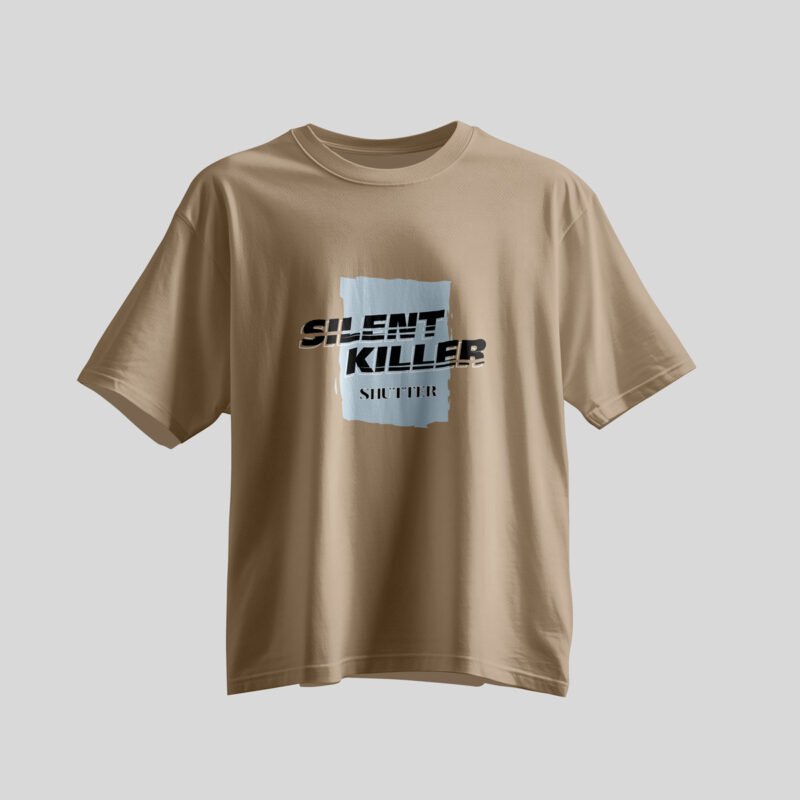 Silent Killer Shutter Tee – High-Fidelity Boxy Fit Sand Mockup
