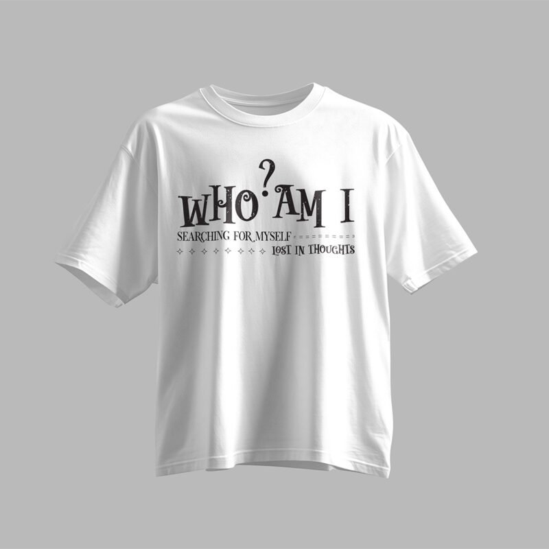 Who Am I Existential Graphic T-Shirt – Introspective Minimalist Streetwear Mockup
