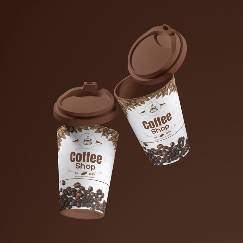 Artisanal Coffee Shop Cup Label – Professional Floating Mockup with Bean Motif