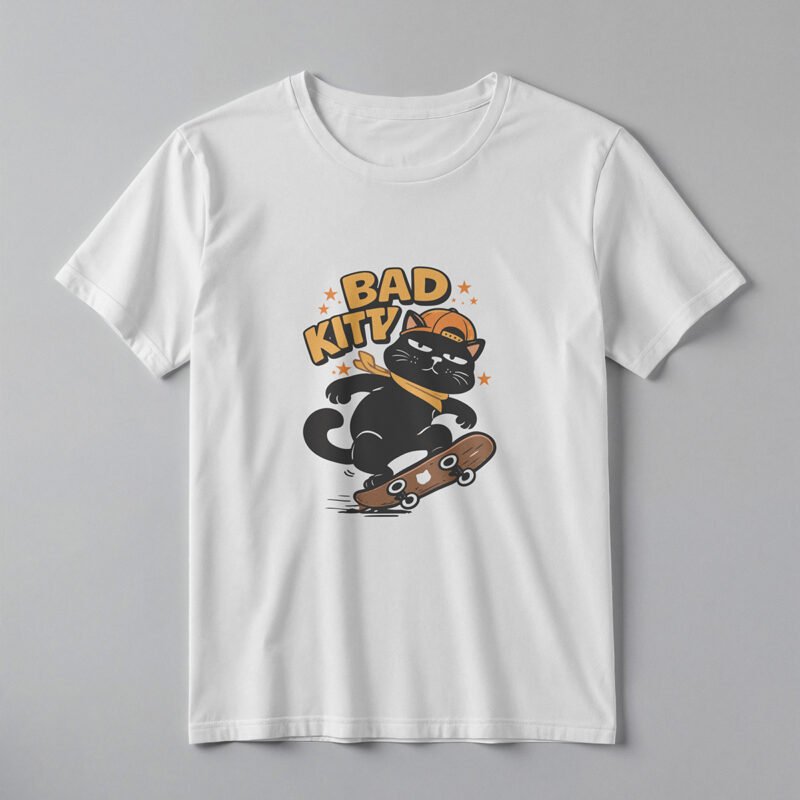 Bad Kitty Skateboard Black Cat Mascot Tee – Professional BOLD GFX Graphic Mockup