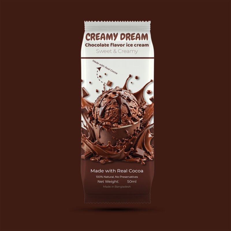 Creamy Dream Chocolate Ice Cream Packaging – 50ml Flexible Pouch Mockup