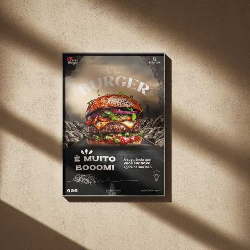 É MUITO BOOOM! Cinematic Burger Flyer – Professional BOLD GFX Food Marketing Mockup