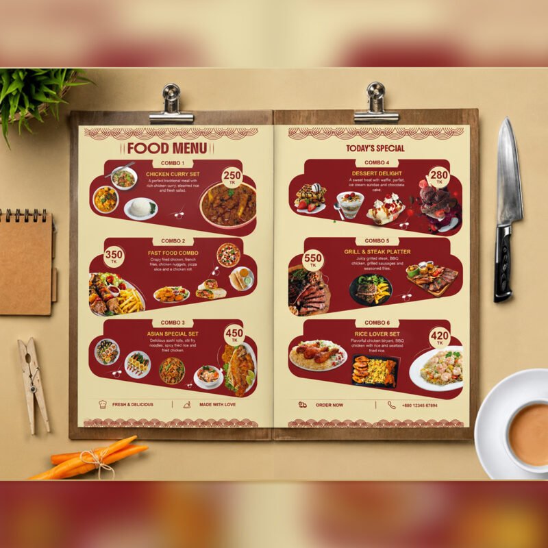 FOOD MENU Twin-Page Clipboard Mockup – Professional BOLD GFX Culinary Template