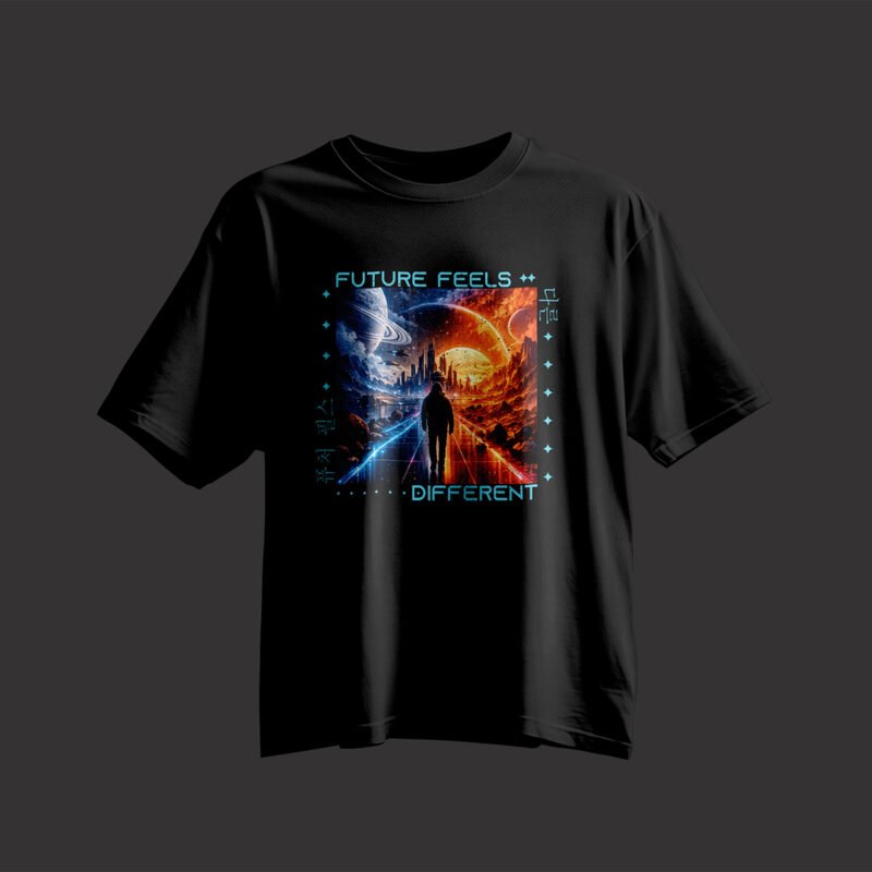 Future Feels Different Sci-Fi Graphic Tee – Professional BOLD GFX Streetwear Mockup