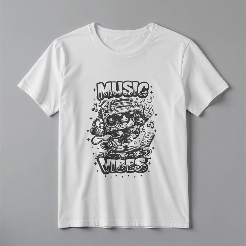 MUSIC VIBES Retro Boombox Skater Tee – Professional BOLD GFX Graphic Mockup