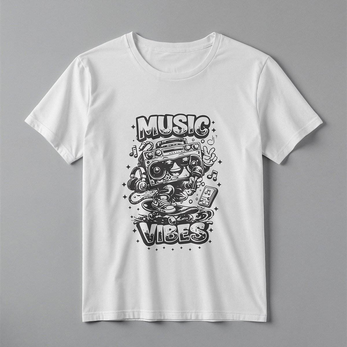 MUSIC VIBES Retro Boombox Skater Tee – Professional BOLD GFX Graphic Mockup