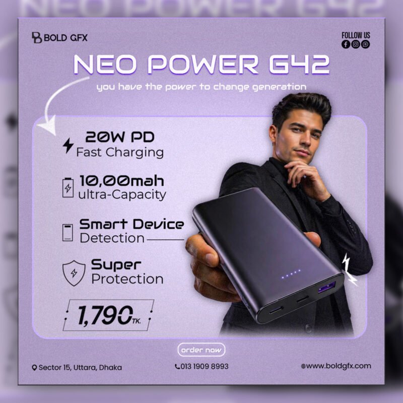 Neo Power G42 Power Bank Social Media Post – Professional BOLD GFX Tech Promo