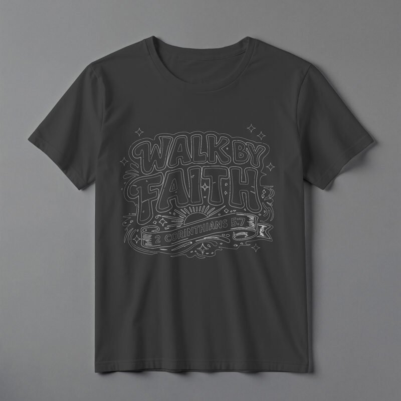 WALK BY FAITH Vintage Outline Typography Tee – Professional BOLD GFX Scripture Series