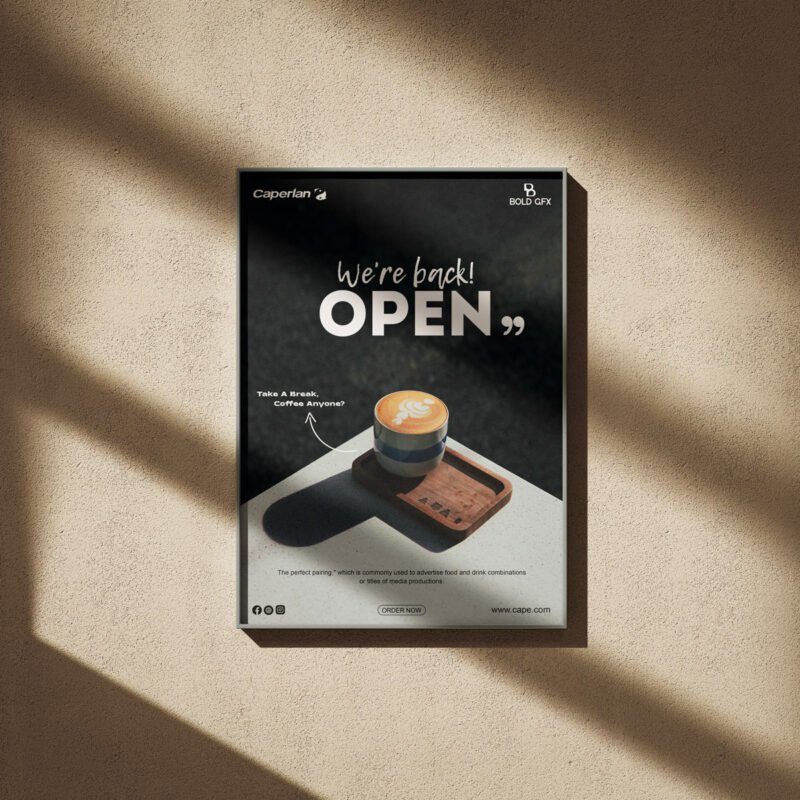 We’re Back! OPEN Coffee Shop Flyer – Professional BOLD GFX Re-opening Mockup