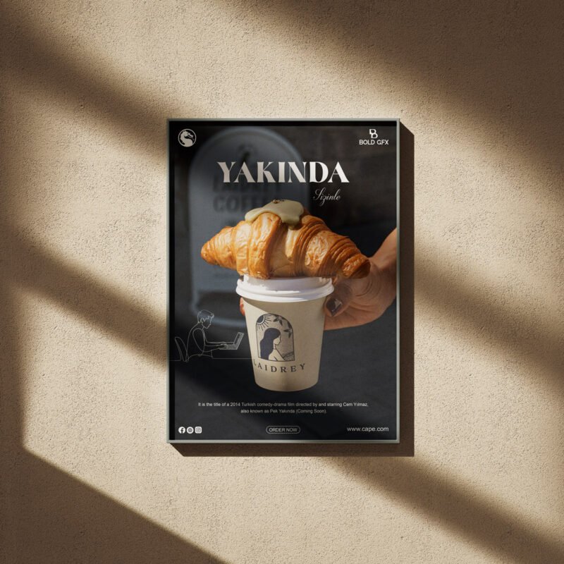 YAKINDA Coffee & Bakery Flyer – Professional Gourmet Croissant Wall Mockup
